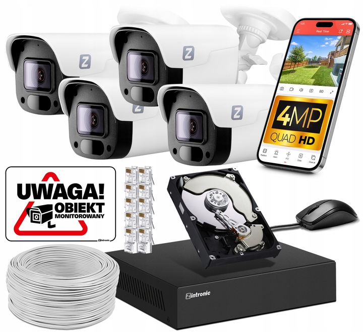 ZESTAW MONITORINGU 4MP IP POE 4 KAMERY 4MPx 1TB PODGLĄD APLIKACJA DETEKCJA