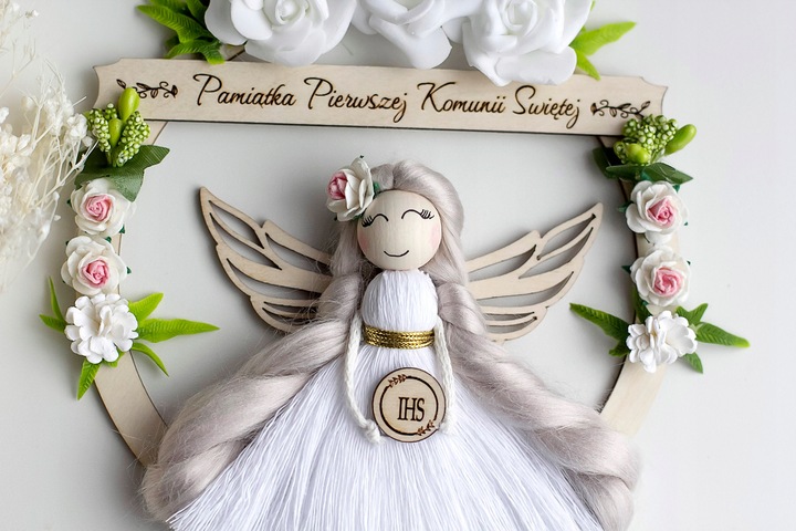 Anioł stróż 3D makrama dowolny napis grawer GRATIS Komunia Chrzest Urodziny