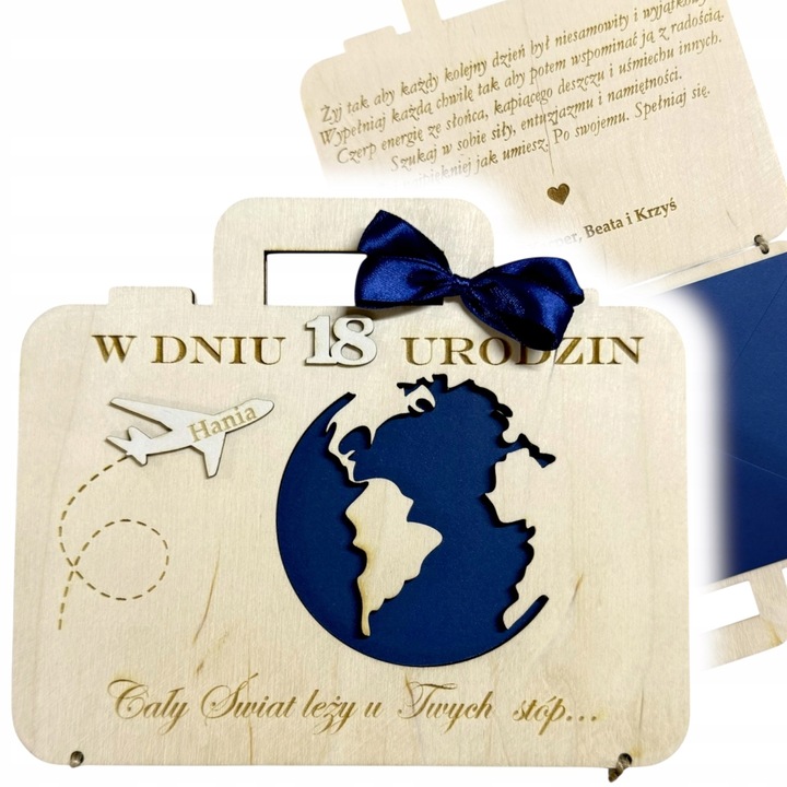 Drewniana Kartka urodzinowa Prezent GRAWER personalizowana walizka
