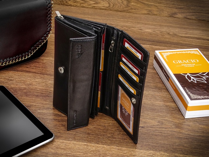 Portfel Damski Czarny Skóra Naturalna Gracio Duży Pojemny PREZENT