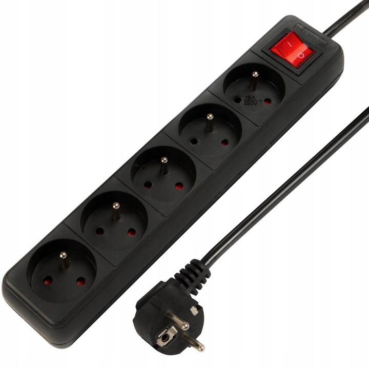 PRZEDŁUŻACZ LISTWA ZASILAJĄCA WŁĄCZNIK MOCNY GRUBY 10m 5 GNIAZD CZARNA