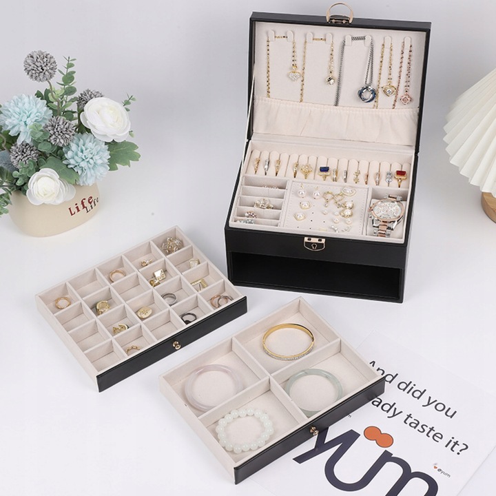 SZKATUŁKA NA BIŻUTERIE Z SZUFLADKAMI CZARNA ORGANIZER TRZY POZIOMY