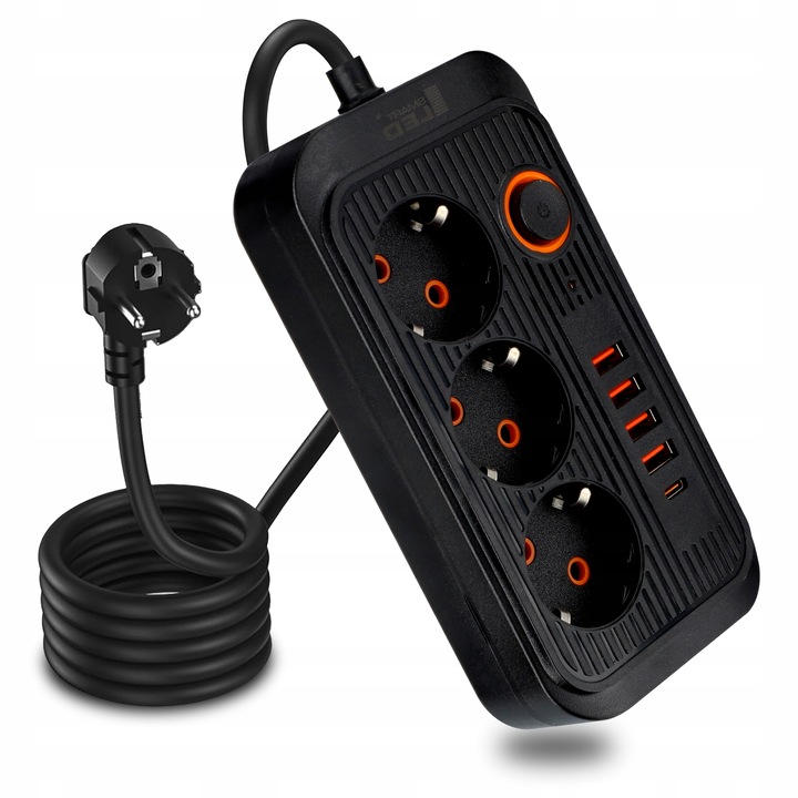 Przedłużacz Listwa Zasilająca Siec 2 M 3 Gniazda 230V + 5X USB Ładowarka