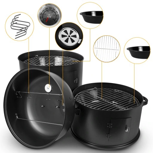 GRILL OGRODOWY WĘGLOWY WĘDZARNIA PALENISKO TERMOMETR OKRĄGŁY PRZENOŚNY 3W1