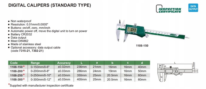 Suwmiarka elektroniczna 150 mm / 0-6" INSIZE (1108-150W) bez rolki
