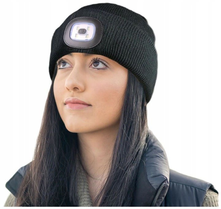 Czapka Zimowa z Latarką Lampką Czołową LED Ładowanie USB Ciepła Czarna