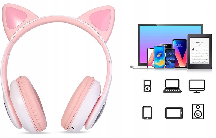 SŁUCHAWKI BEZPRZEWODOWE Z MIKROFONEM KOLOROWE KOCIE USZY LED DLA