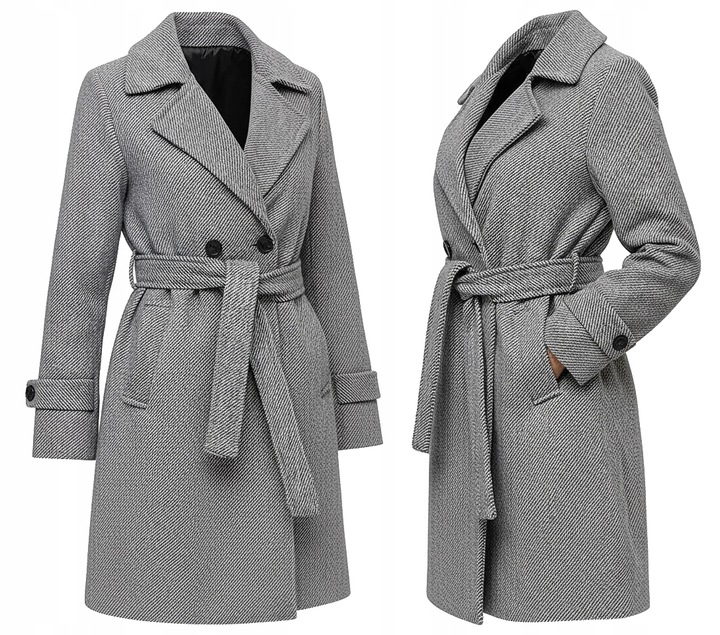 DAMSKI PRĄŻKOWANY PŁASZCZ Z PASKIEM PRZEJŚCIOWY JESIENNY ZIMOWY XXL