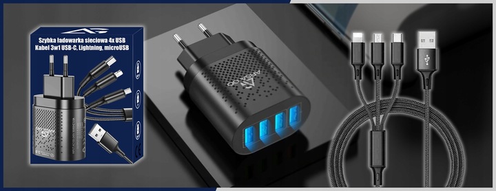 SZYBKA ŁADOWARKA DO TELEFONU KOSTKA 4X USB SZYBKIE ŁADOWANIE I KABEL 3W1