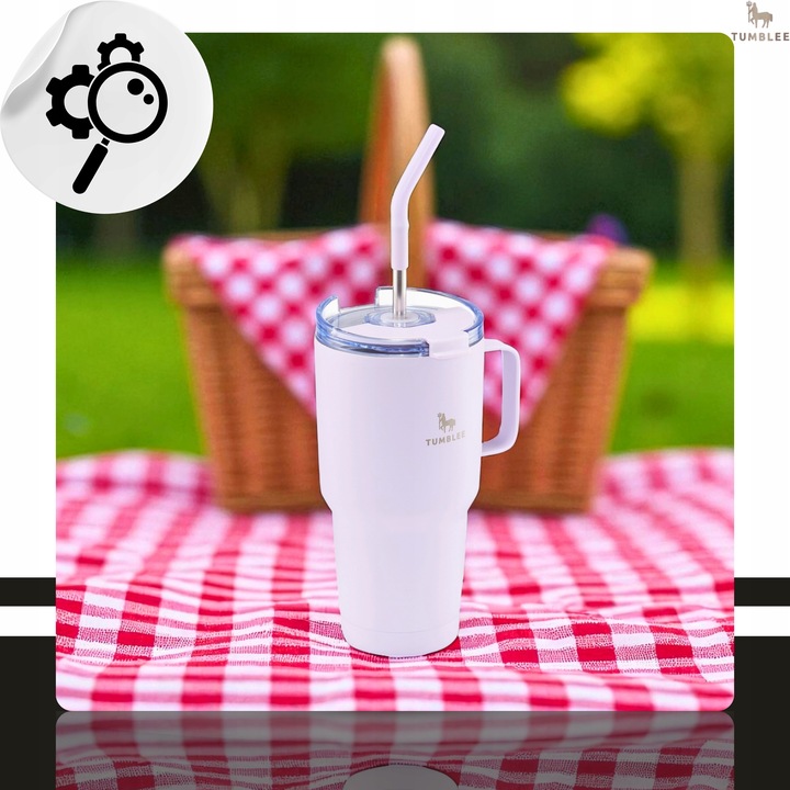 MOCNY Kubek Termiczny ze Stalową Słomką i Uchwytem na Kawę Herbatę 900ml