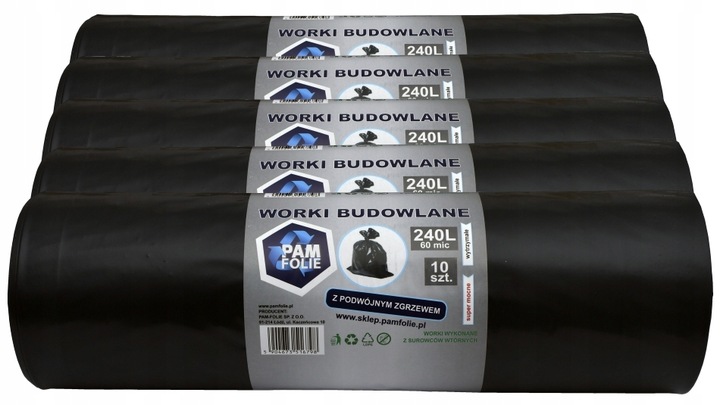 WORKI NA ŚMIECI 240L 100szt Uniwersalne Grube Mocne Czarne Pam Folie