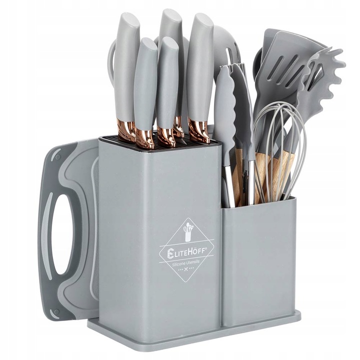 Komplet 5 Noży + Zestaw 12 przyborów kuchennych + deska do krojenia +Stojak