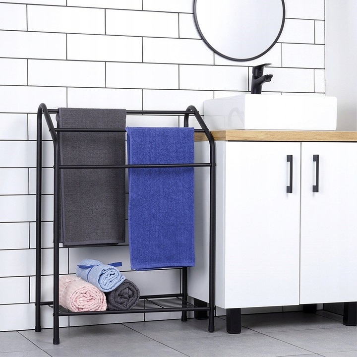 Stojak NA RĘCZNIKI wieszak łazienkowy podłogowy stojący czarny + półka