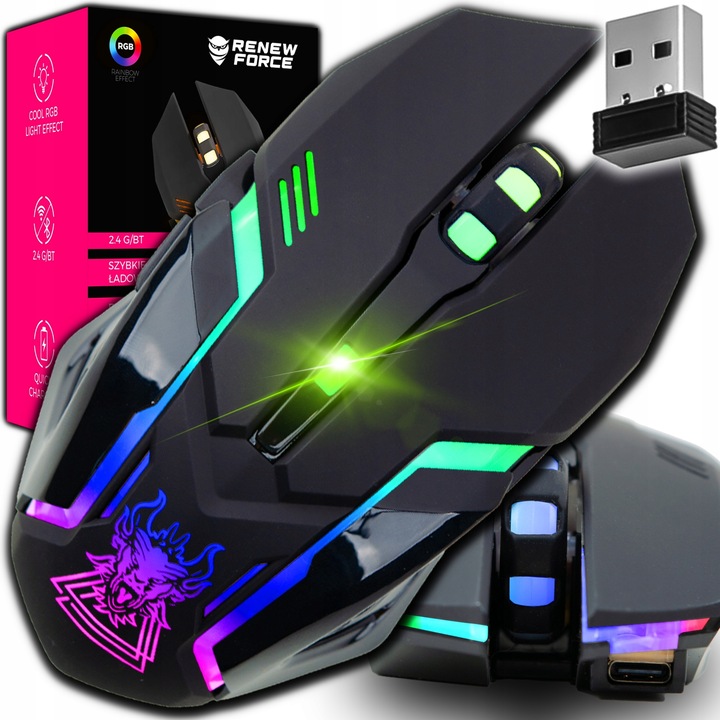 Myszka Bezprzewodowa Gamingowa do Laptopa Komputera RGB Mysz 2.4GHz 3200dpi
