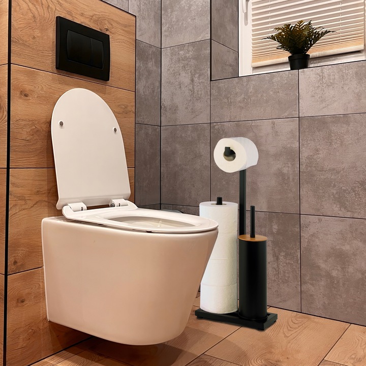 Stojak na papier toaletowy z uchwytem i szczotką WC czarny bambus YOKA HOME