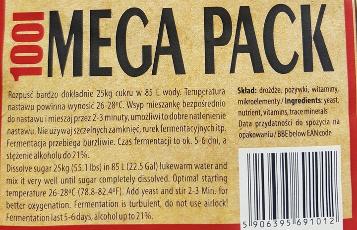 DROŻDŻE GORZELNICZE TURBO CZYSTA WÓDKA - 100l 21%