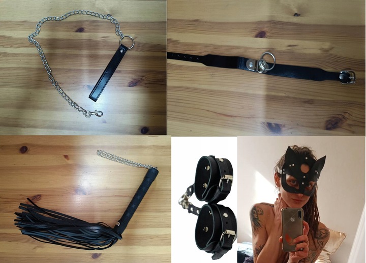 KOMPLET BIELIZNA EROTYCZNA SEXY CZARNA SKÓRZANA S