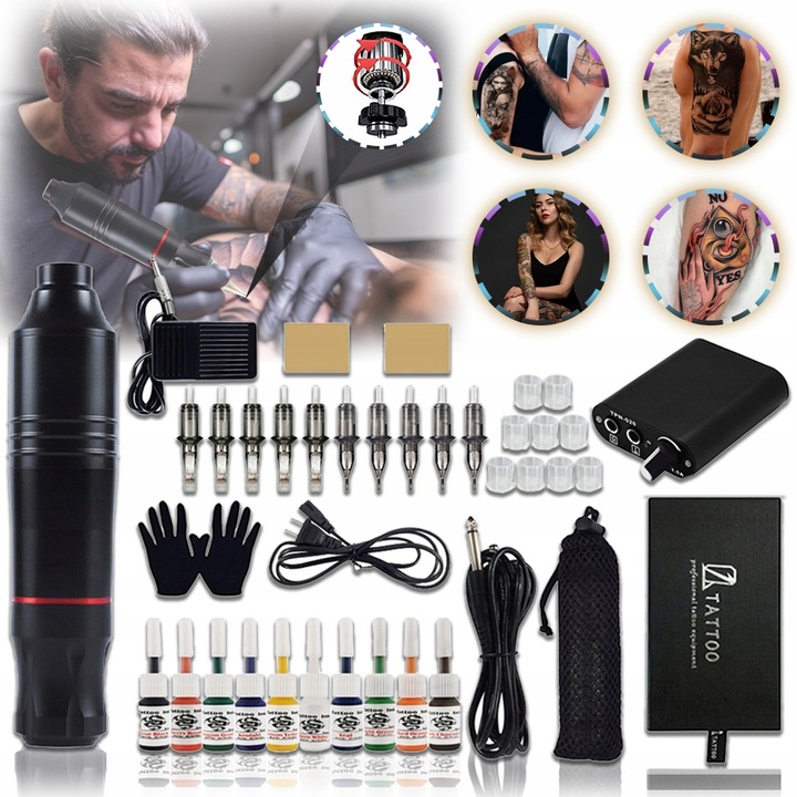 ZESTAW MASZYNKA DO TATUAŻU PEN ROTACYJNA TUSZ 37w1 dla początkujących