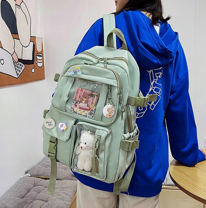 Plecak Szkolny ZIELONY Kl 1-3 z Misiem Przypinki Tornister dla Dziewczynki