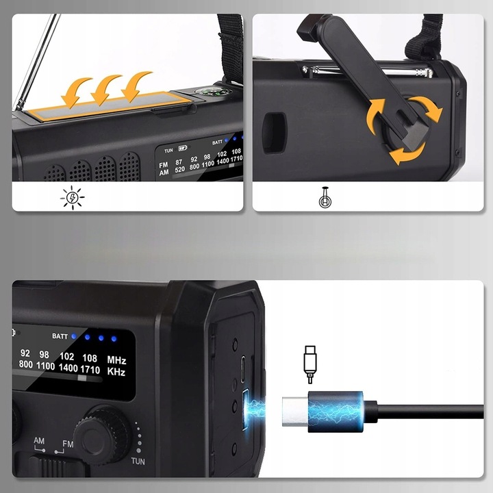 PRZENOŚNE RADIO SOLARNE KORBKA ALARM DYNAMO AWARYJNE LATARKA 10000mAh