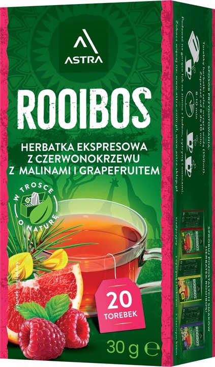 Herbata ziołowa w torebkach Astra Rooibos malina i grapefruit 20szt x20
