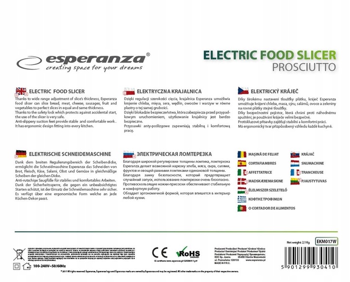 ELEKTRYCZNA KRAJALNICA PROSCIUTTO biała do pieczywa wędlin serów