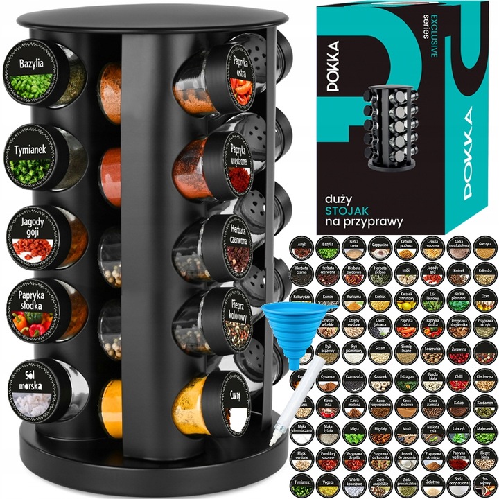 STOJAK NA PRZYPRAWY ORGANIZER 20 SZKLANE SŁOICZKI POJEMNIKI + NAKLEJKI