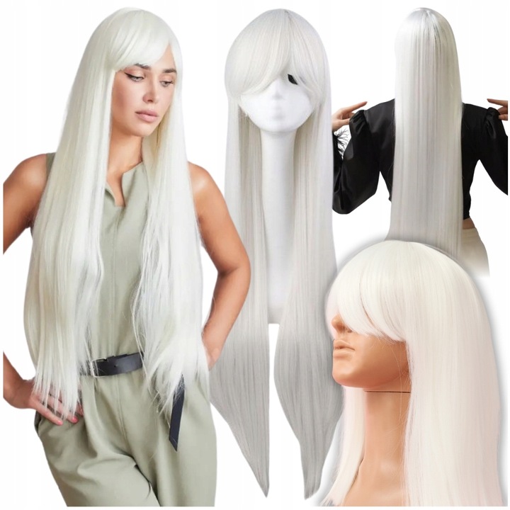 Peruka długa biała 100 cm cosplay karnawał włosy proste grzywka czepek