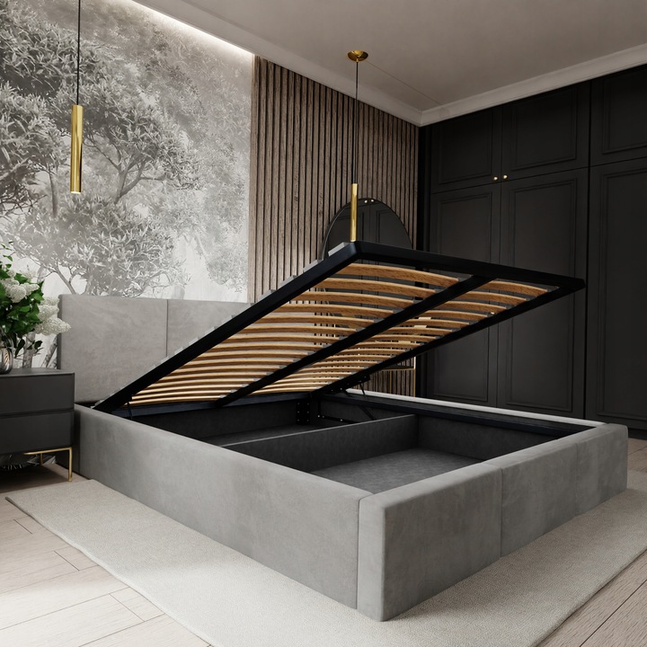 ŁÓŻKO TAPICEROWANE DO SYPIALNI 140x200 ŁÓŻKO PODWÓJNE Z POJEMNIKIEM SZARE