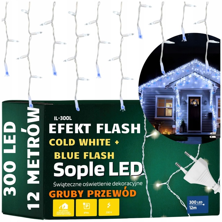 LAMPKI ŚWIĄTECZNE ZEWNĘTRZNE ŚWIATEŁKA SOPLE LED FLASH FLESZ GRUBY PRZEWÓD