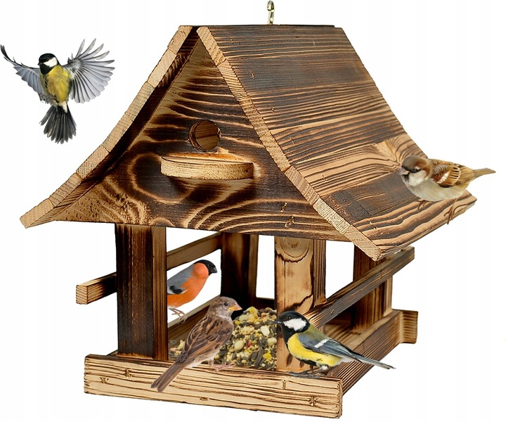 Solidny Drewniany KARMNIK XXL DLA PTAKÓW karmik opalane drewno