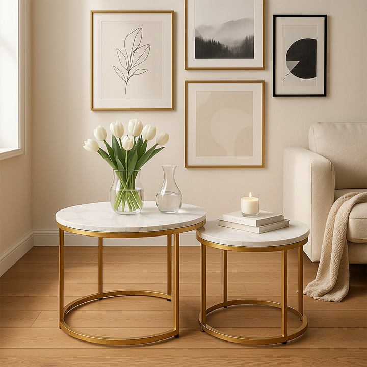 STOLIKI KAWOWE ZESTAW 2w1 ROZKŁADANE DO SALONU GLAMOUR MARMUR BIAŁY