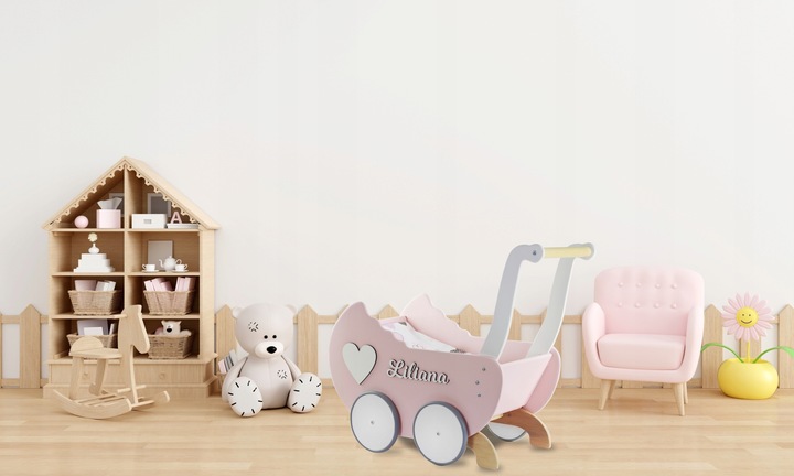 drew WÓZEK DLA LALEK + IMIĘ dekory POŚCIEL stopery