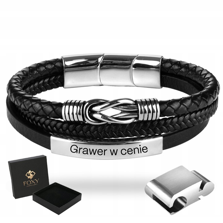 Bransoletka Męska Czarna ze Skóry Srebrna GRAWER Prezent Dla Męża Chłopaka