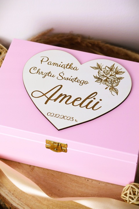 Pamiątka Chrztu Świętego Prezent na Chrzest Święty GOTOWE PUDEŁKO Różowe