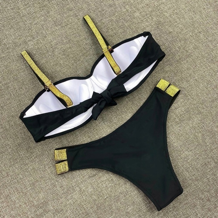 STRÓJ KĄPIELOWY CZARNY ZŁOTE PASY PUSH UP M 38
