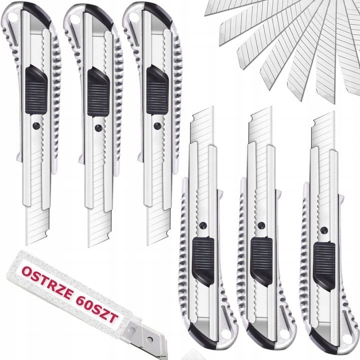 Nóż nożyk metalowy do tapet z łamanym ostrzem 18mm 6xnóż plus 60