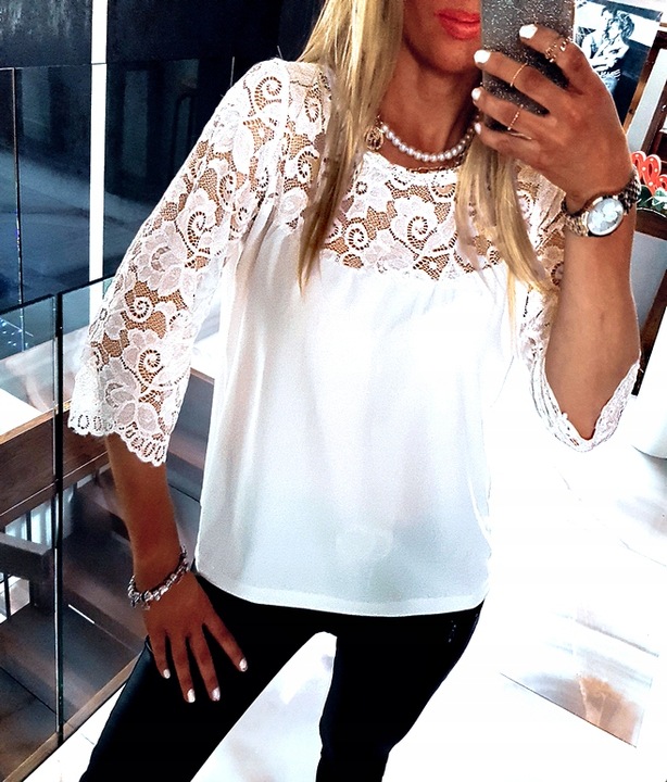 . BIAŁA BLUZKA ELEGANCKA Z KORONKĄ KOSZULA LUŹNA