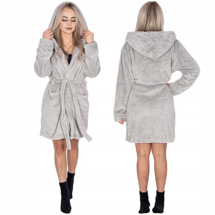 SZLAFROK DAMSKI CIEPŁY Z KAPTUREM R.S/M WIĄZANY W TALII GRUBY DŁUGI MIĘKKI