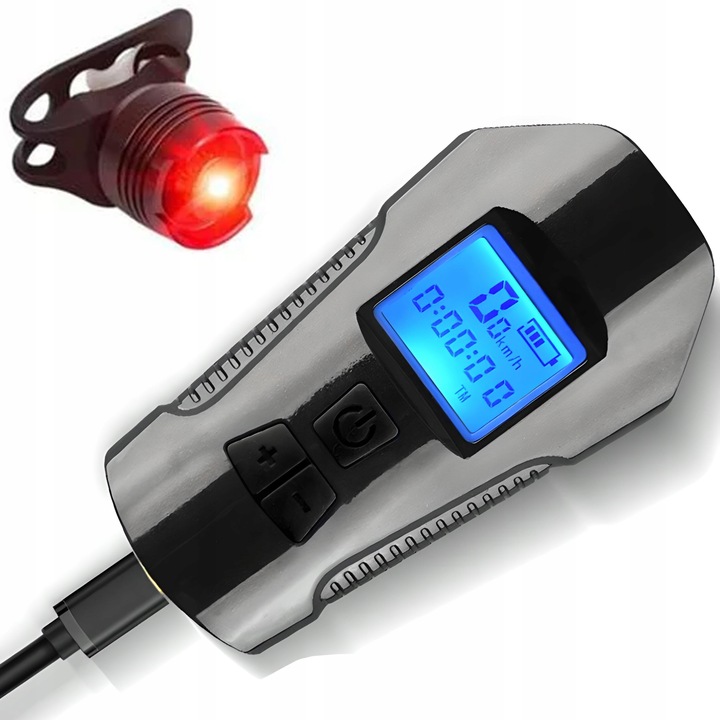 LAMPKA ROWEROWA LED LICZNIK KM PRĘDKOŚCIOMIERZ DZWONEK PRZÓD + TYŁ