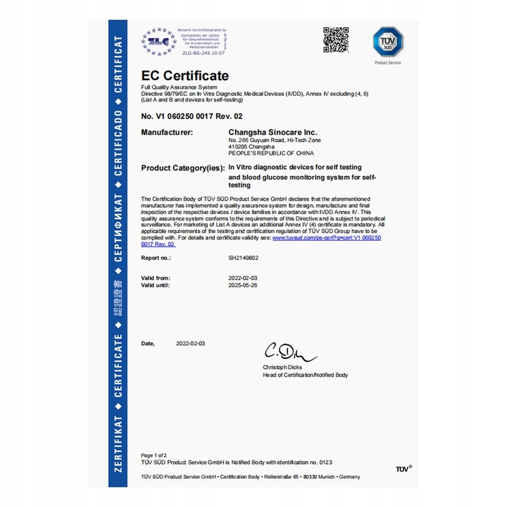 Glukometr Sinocare SAFE AQ SMART w mg/dl z 100 paskami i 100 lancetami