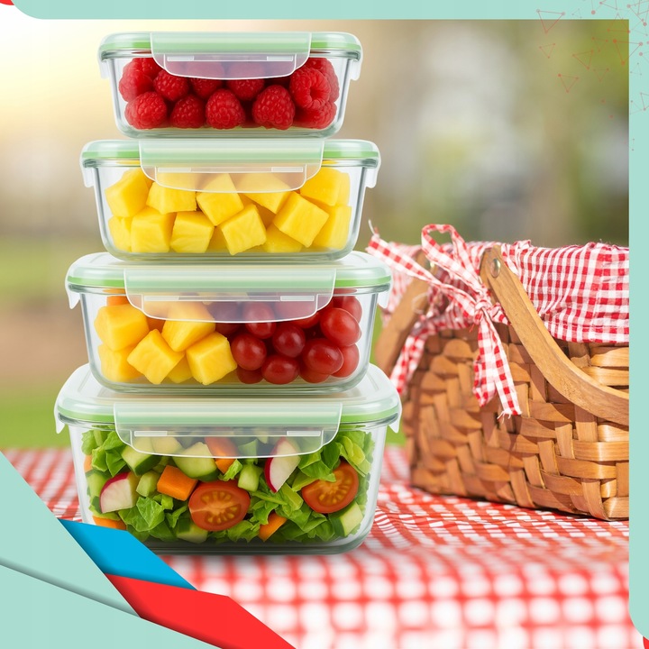4x POJEMNIK NA ŻYWNOŚĆ SZKLANY ZESTAW POJEMNIKI SZKLANE Z POKRYWĄ