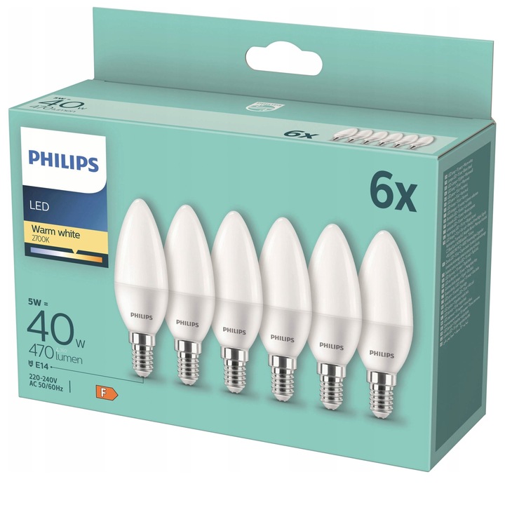 6x Żarówka LED PHILIPS świeczka E14 5W = 40W 470 lumenów barwa ciepła