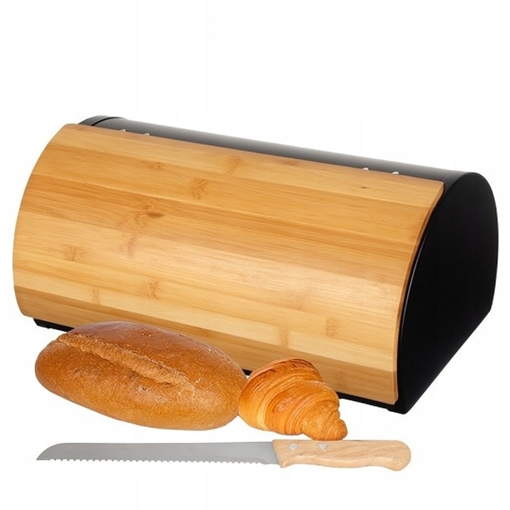 CHLEBAK NA PIECZYWO BUŁKI CHLEB POJEMNIK CZARNY BAMBUS DUŻY + NÓŻ