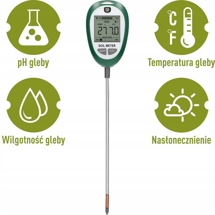 TESTER PODŁOŻA GLEBY PH WILGOTNOŚĆ NASŁONECZNIENIE TEMPERATURA 4w1