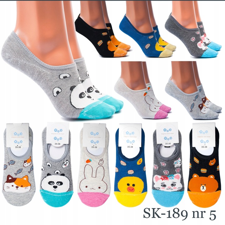 6x STOPKI DAMSKIE BAWEŁNIANE KOLOROWE SKARPETKI SILIKON WESOŁE WZORY