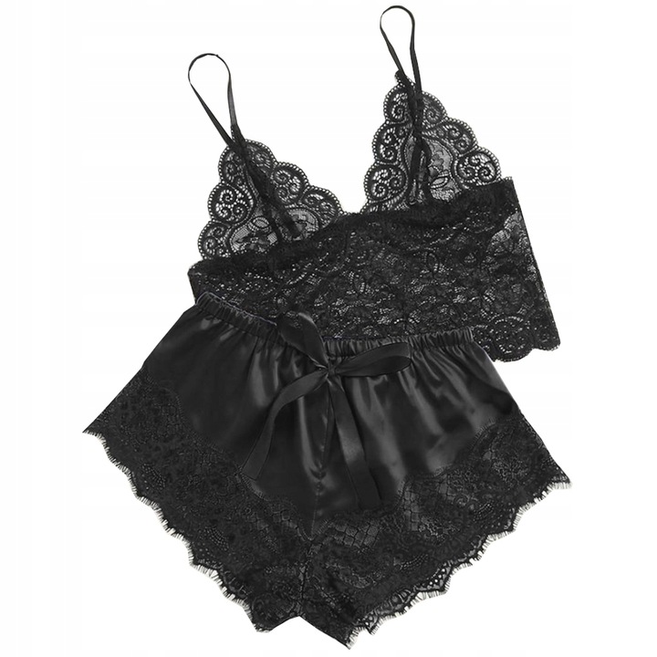 SATYNOWY KOMPLET SEXY BIELIZNA PIŻAMA TOP KOSZULKA NOCNA KORONKA SPODENKI