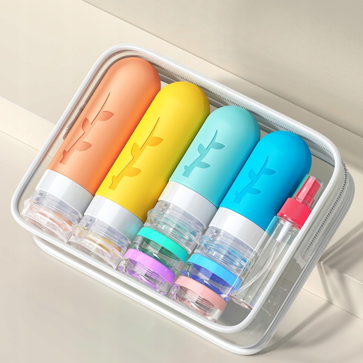 KOSMETYCZKA PODRÓŻNA POJEMNIKI DO SAMOLOTU BUTELKI ZESTAW 19 EL. Z SUWAKIEM