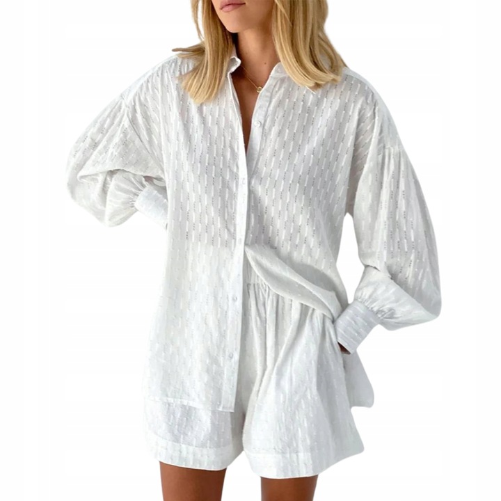 Modny damski biały bawełniany komplet bluzka z kołnierzykiem i spodenki