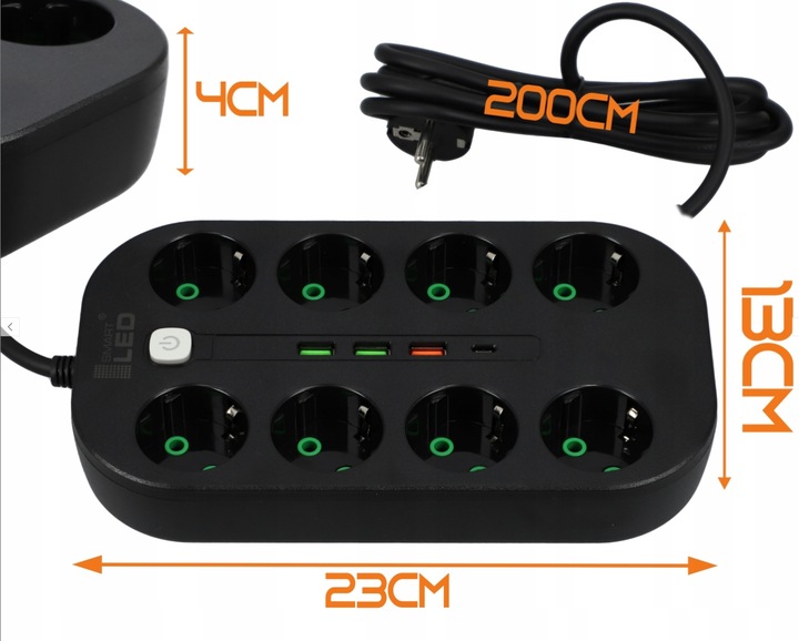 Przedłużacz listwa zasilająca 2 metry 8 gniazd + ładowarka USB + USB-C